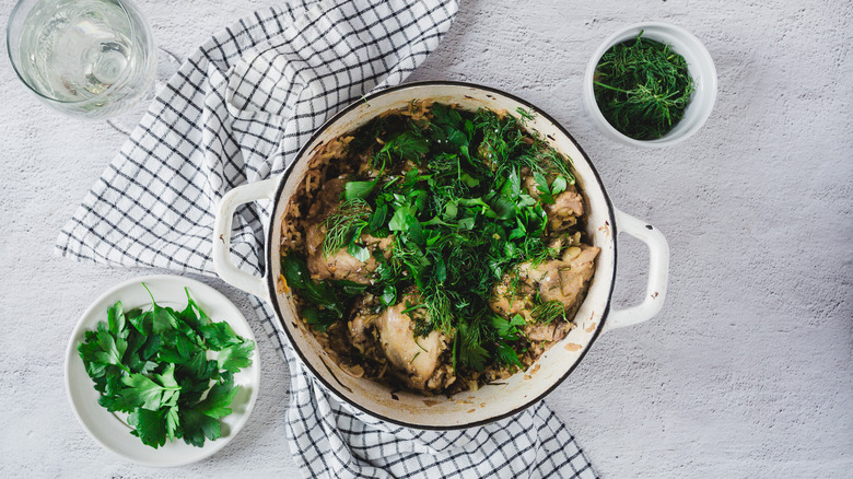 Rice and chicken pot with napkin