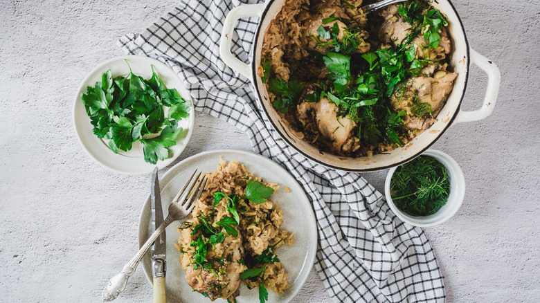 Rice and chicken pot and plate serving