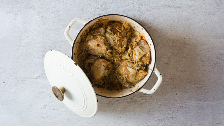 Rice and chicken pot with lid open