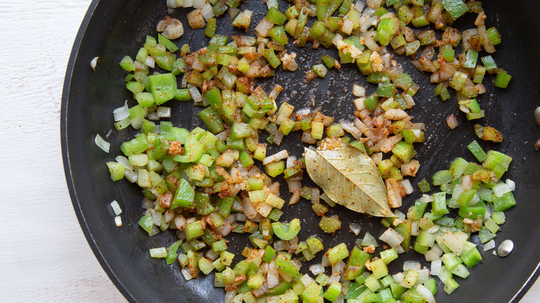 chopped vegetables and bay leaf