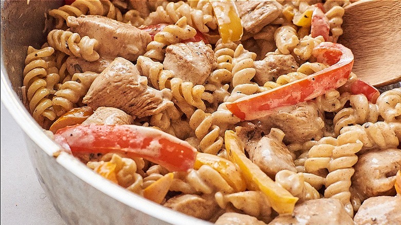 close up of pasta and chicken