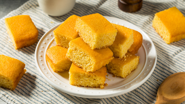 Plate of cut up pieces of cornbread