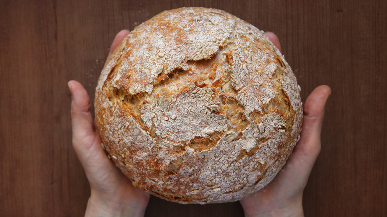 Hands holding a loaf of artisan bread