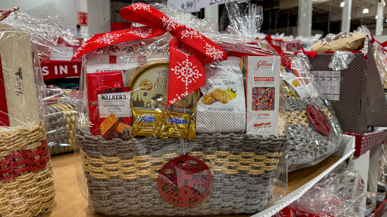 Grey woven gift basket with red bow