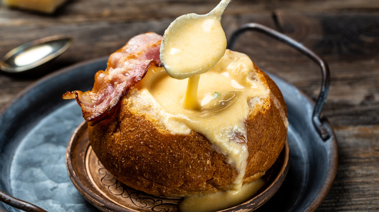 Beer cheese soup in bread bowl