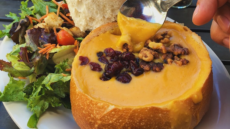 Butternut squash soup in bread bowl