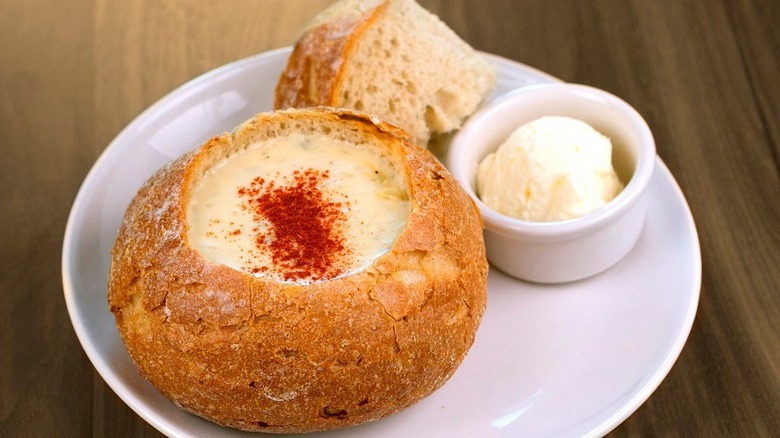 Cream of potato soup in bread bowl