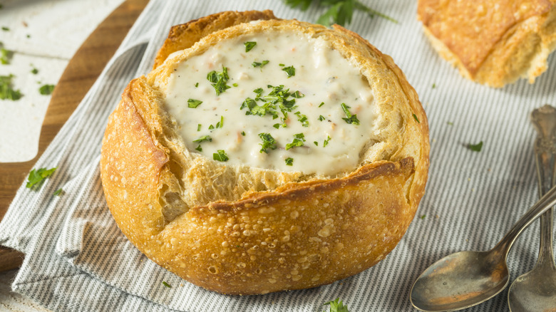 New England clam chowder in bread bowl