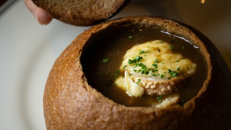 French onion soup in bread bowl