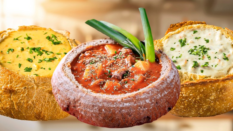 Various soups in bread bowls