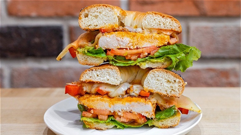 cut bagel sandwich stacked