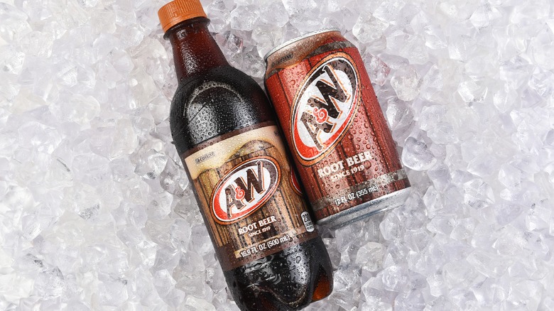 A&W root beer bottle and can