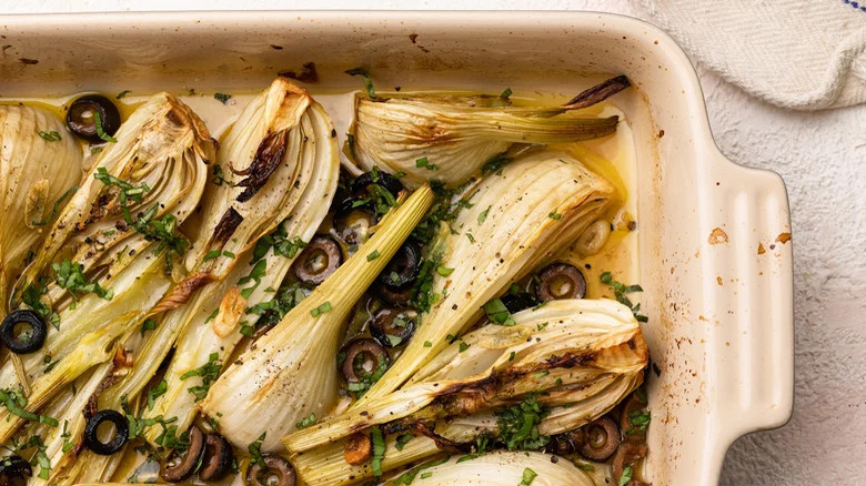 Roasted fennel in baking dish