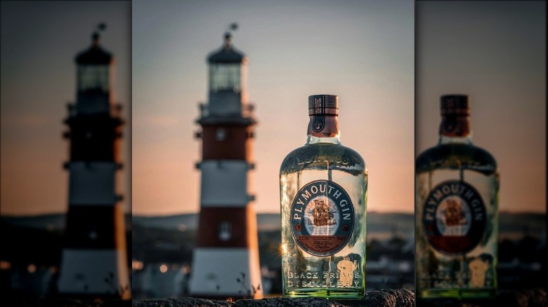 plymouth gin bottle near lighthouse