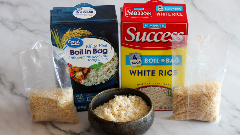 Boxes of instant rice, bowl