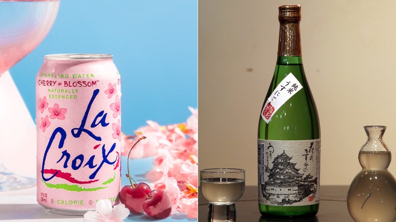 Cherry Blossom La Croix and bottle of sake