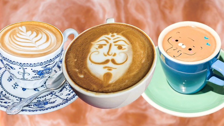 Composite image featuring latte art from various NYC coffee shops
