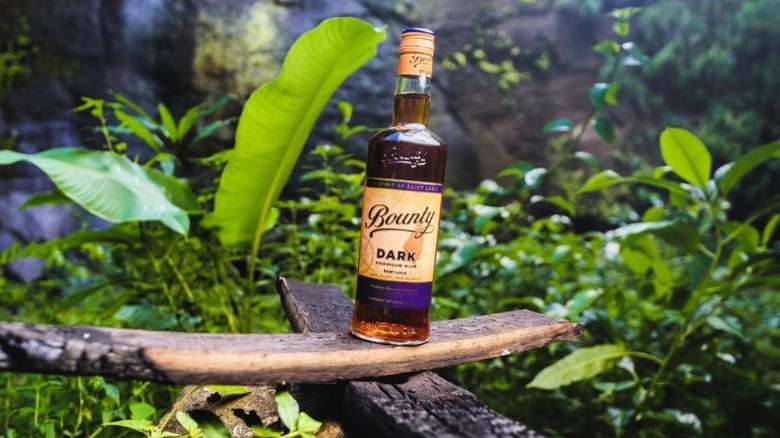 Bounty Rum Dark bottle outside in jungle