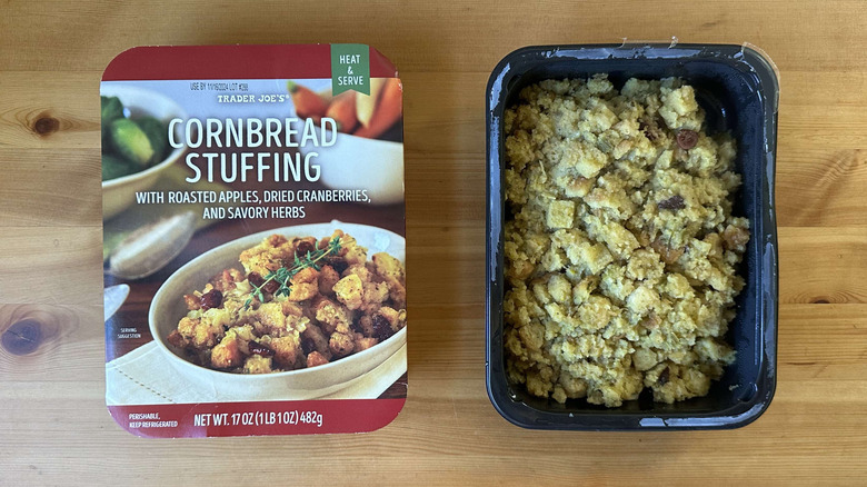 Trader Joe's cornbread stuffing in container, with packaging