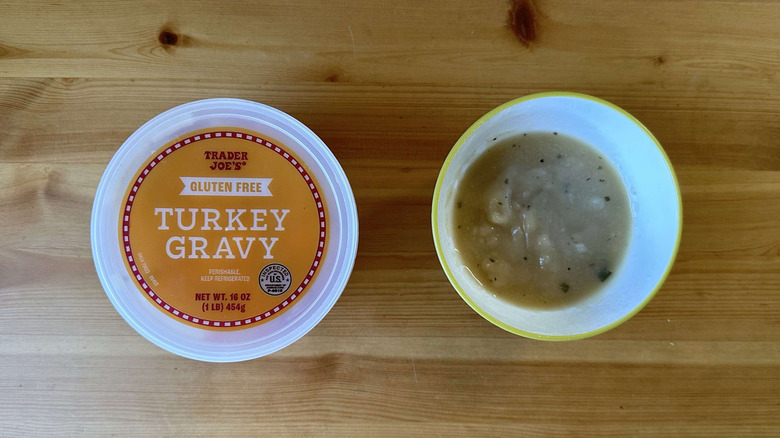 Tub of Gluten free turkey gravy and a small bowl of gravy