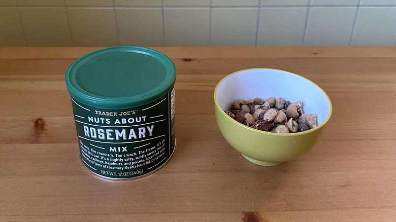 Nuts About Rosemary mix tub and bowl of nuts.