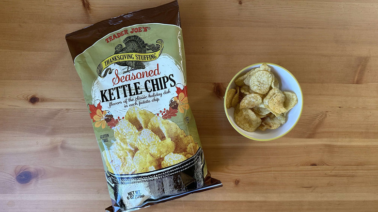 Bag of Thanksgiving stuffing seasoned kettle chips with a bowl of chips