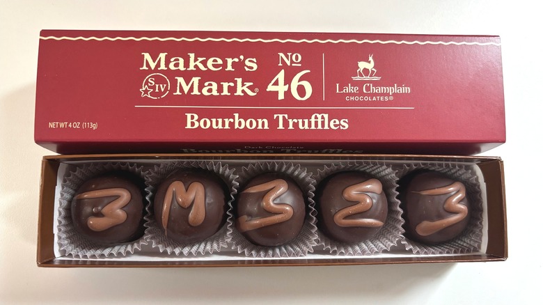 Box of five Maker's Mark Bourbon Truffles from Lake Champlain chocolates on white table