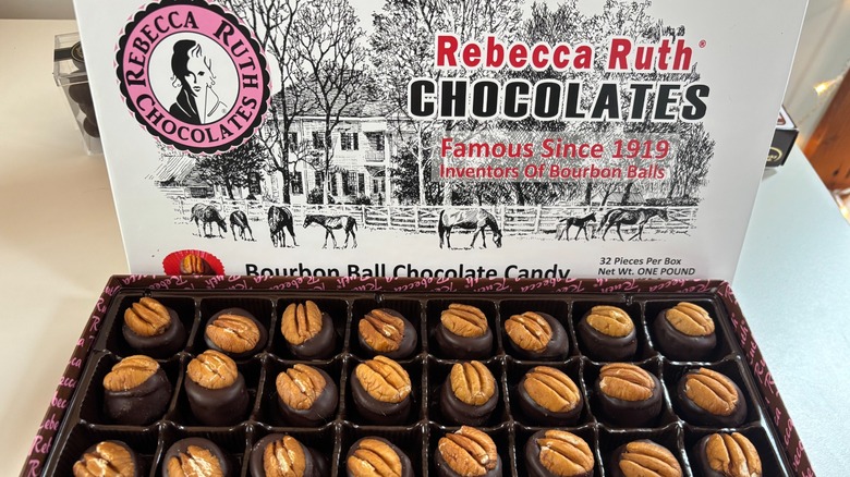 Box of Rebecca Ruth chocolates and lid on white table