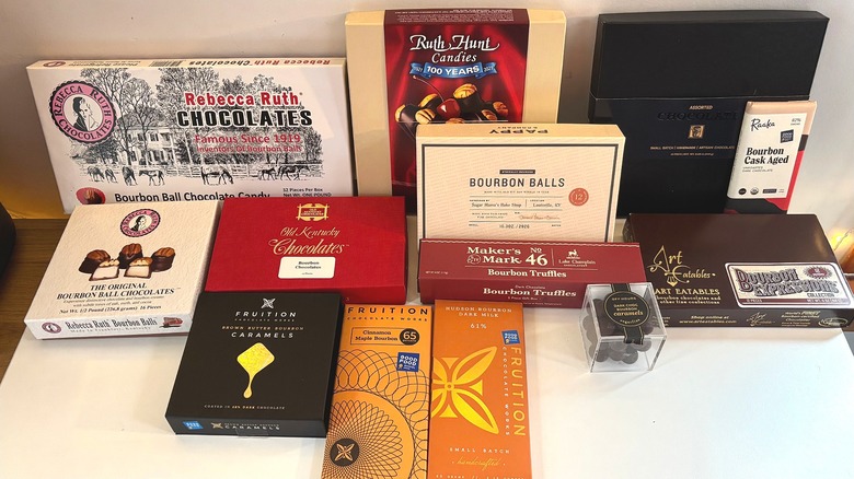 Assorted boxes of bourbon chocolates on white table