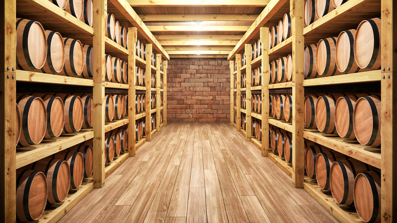 bourbon barrels in a cellar