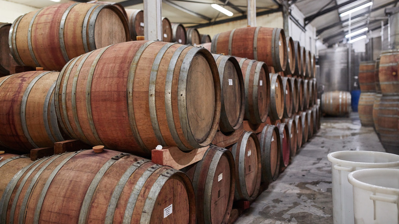 bourbon barrels in warehouse