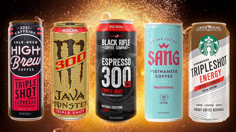 Five canned coffees against a black and golden bubbly background