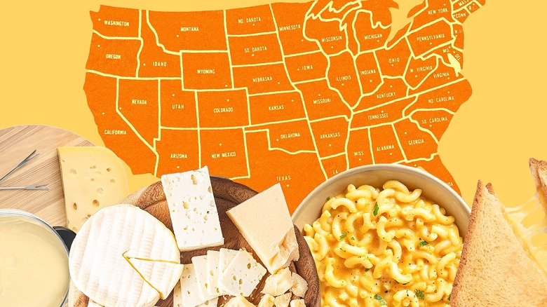 Different cheese dishes in front of a national map