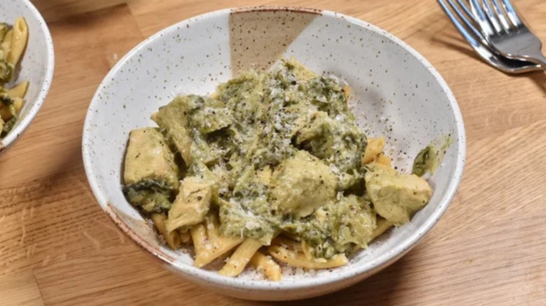 Bowl of spinach artichoke chicken