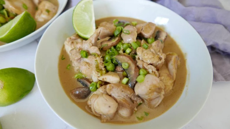 stewed chicken and mushrooms in bowl 