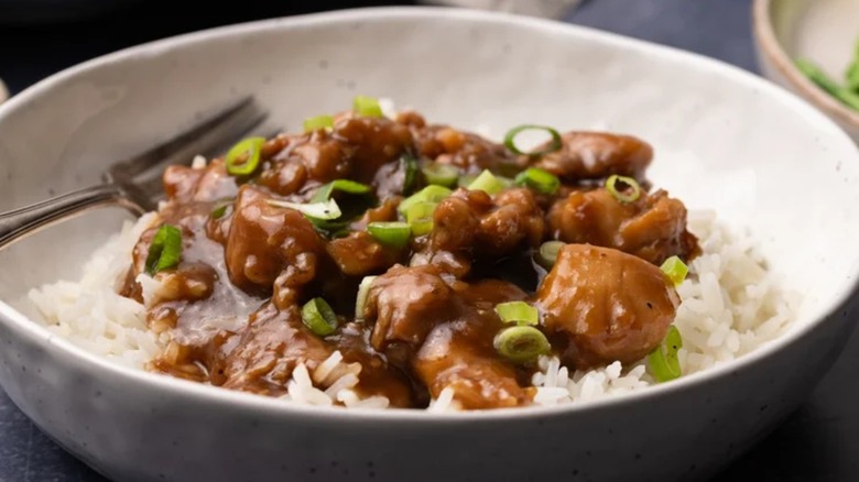 stewed chicken in brown sauce over rice