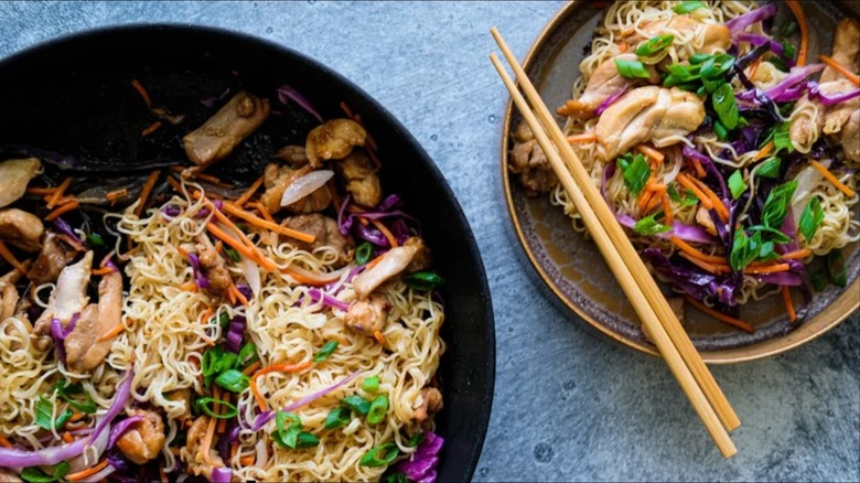 chicken and cabbage stir-fry in bowls