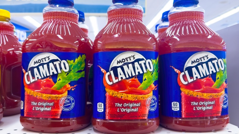 liter bottles of Clamato on a shelf