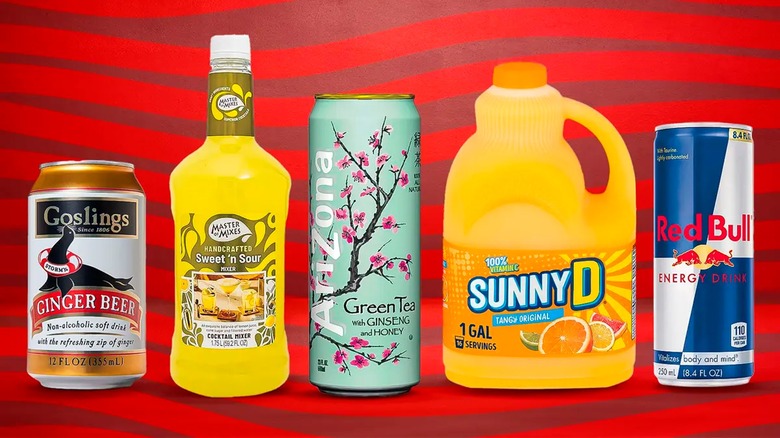 Goslings Ginger Beer, Sweet and Sour mix, Arizona iced tea, Sunny D, and Red Bull on red background