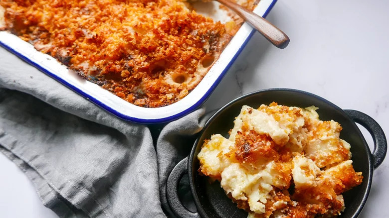 cheesy funeral potatoes in pan