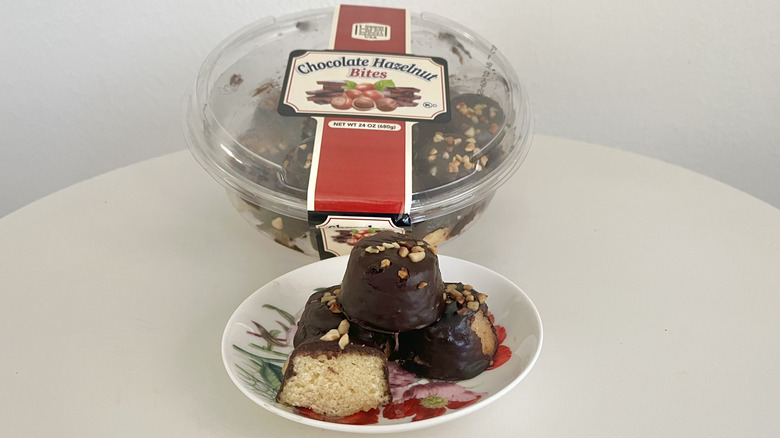 chocolate hazelnut bites and package on a table