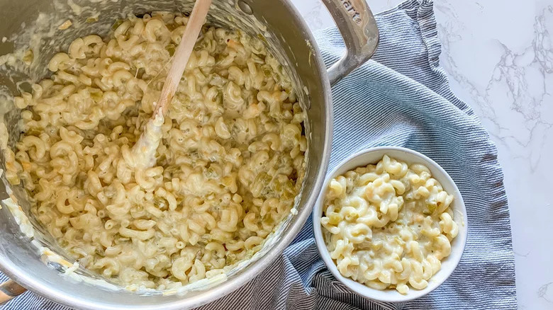 Pot and bowl of macaroni and cheese