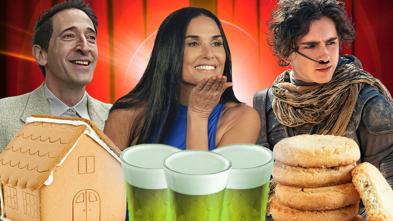 various food and drinks in front of adrian brody, demi moore, and timothee chalamet