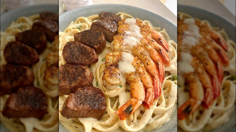 pasta with steak shrimp Alfredo