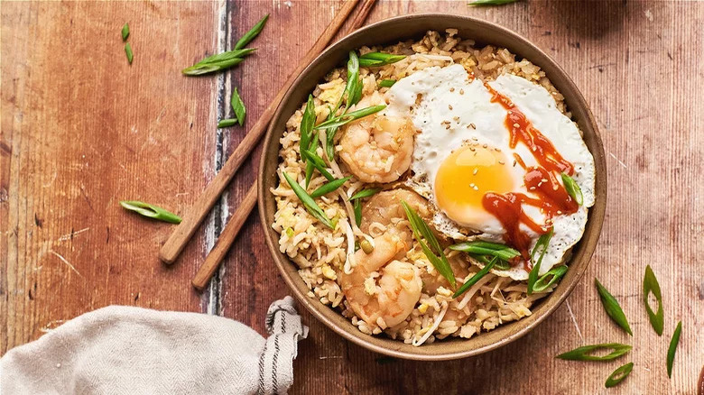 Shrimp fried rice in bowl 