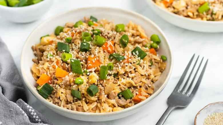 Pork fried rice in bowl 