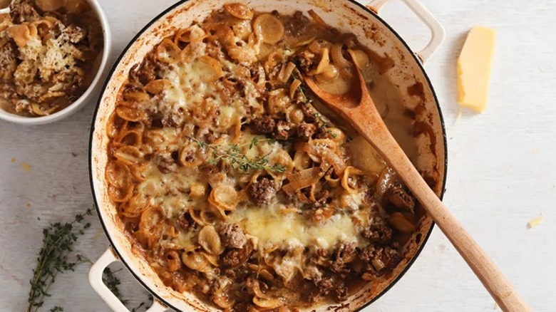 Top-down view of a pot of French onion casserole