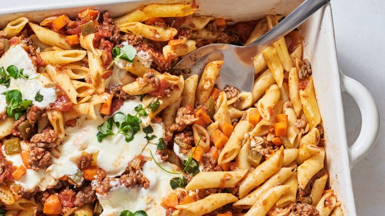 Top-down view of mostaccioli beef casserole
