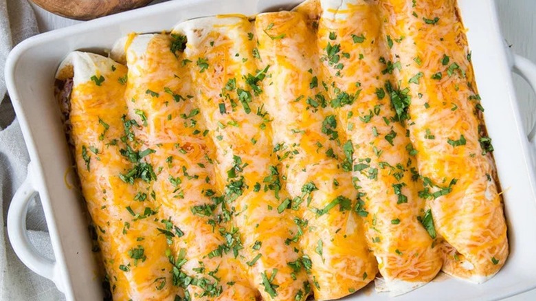 Top-down view of ground beef enchiladas