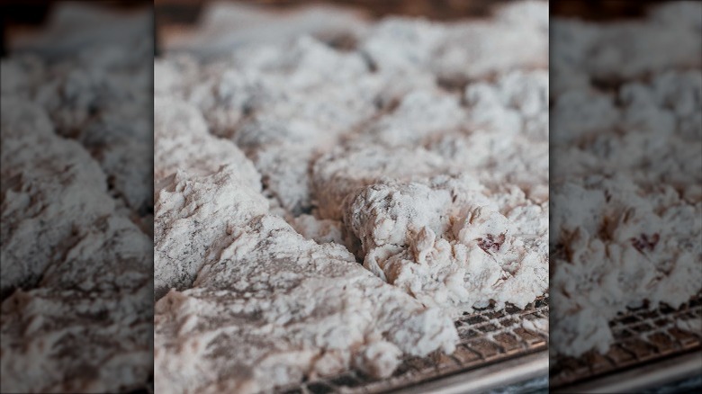 chicken cuts dredged in buttermilk and flour